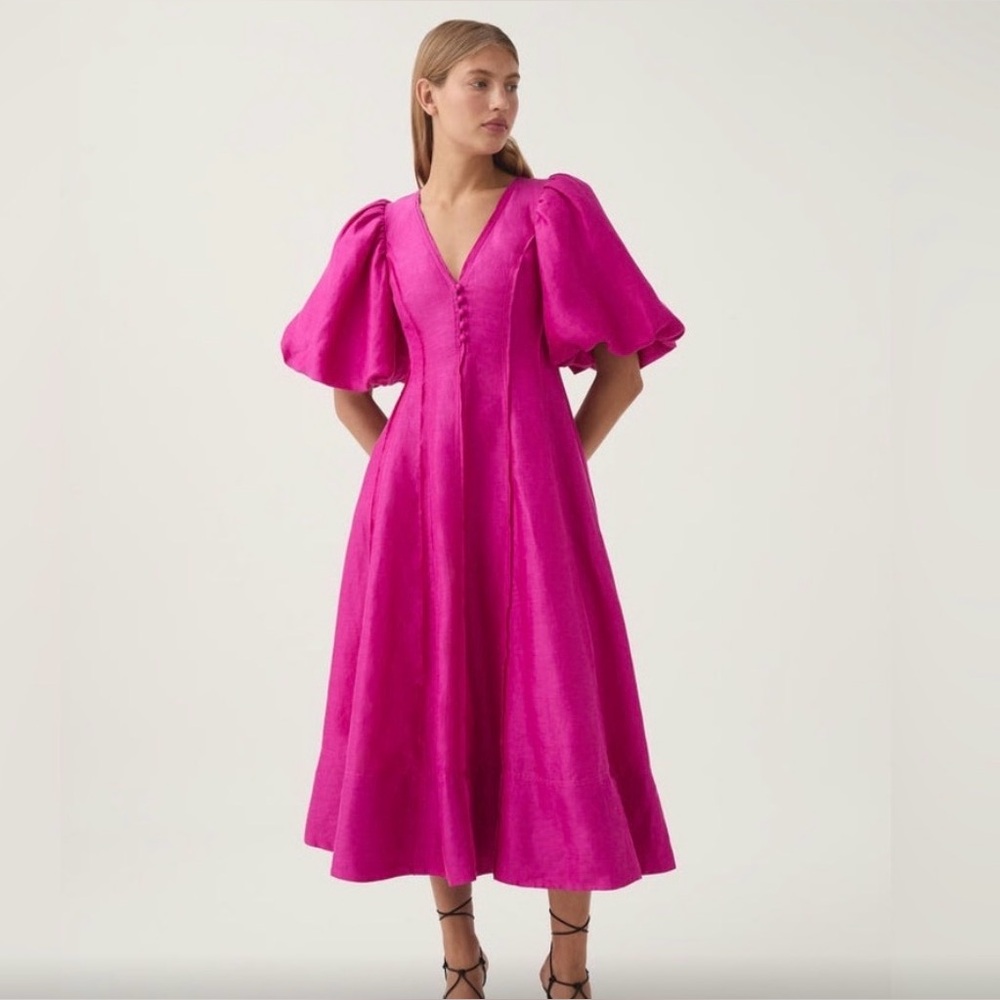 Aje Fuchsia Puff-Sleeve Midi Dress